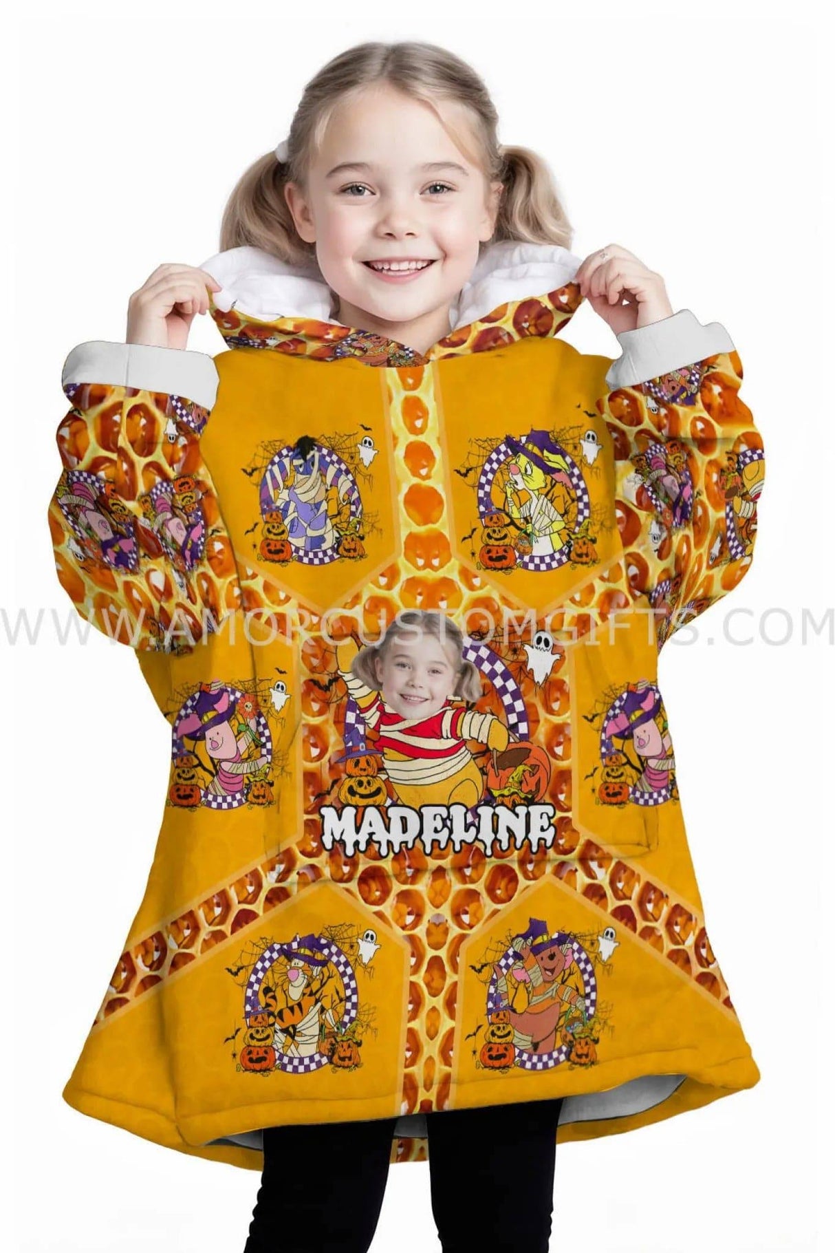 Personalized Face & Name Cute Gold Bear Halloween Snug Oversized Wearable Hoodie Blanket