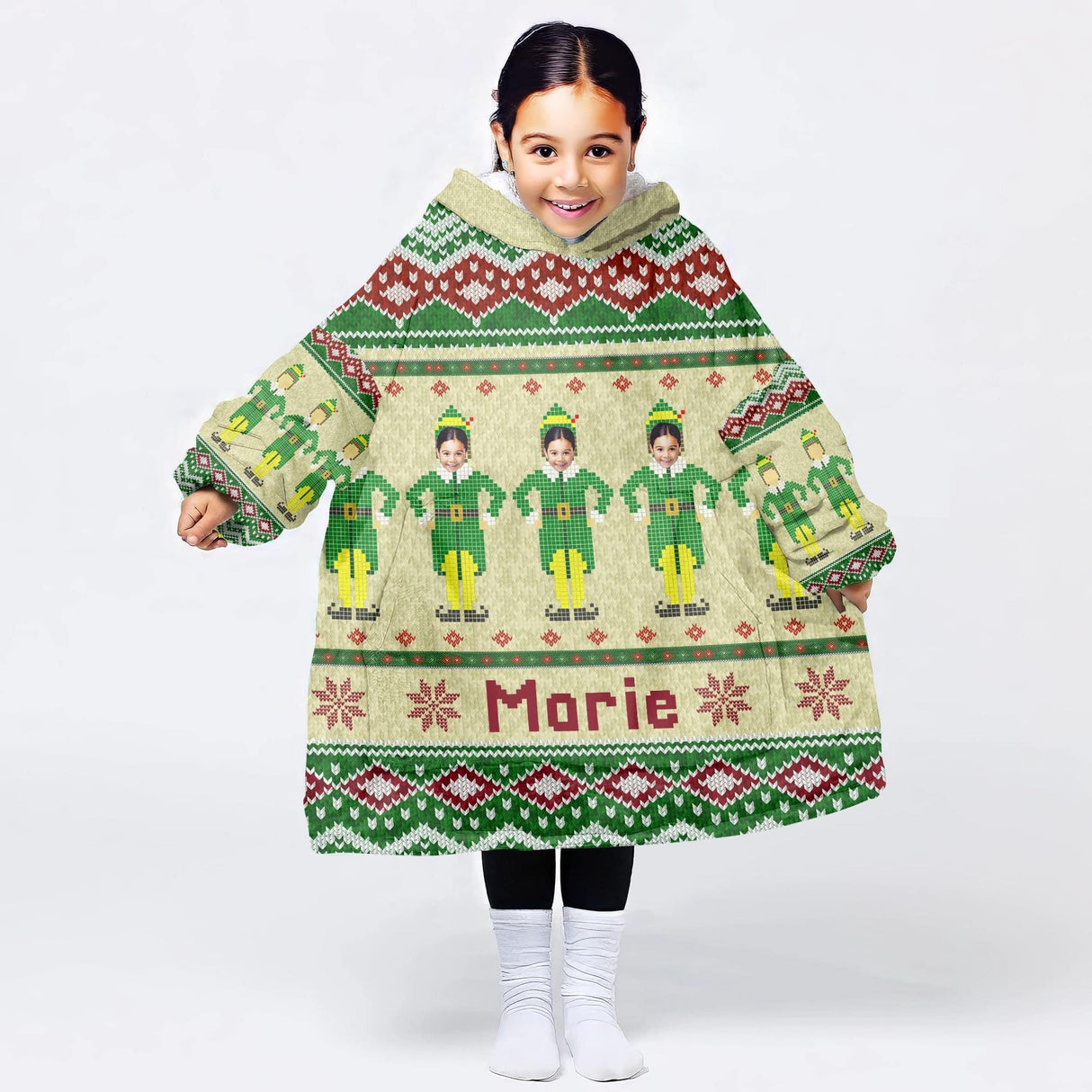 Personalized Face & Name ELF Christmas Snug Oversized Wearable Hoodie Blanket