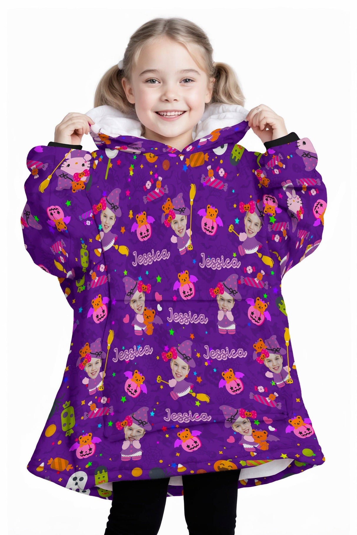 Personalized Face & Name Halloween Hello Kittie Snug Oversized Wearable Hoodie Blanket