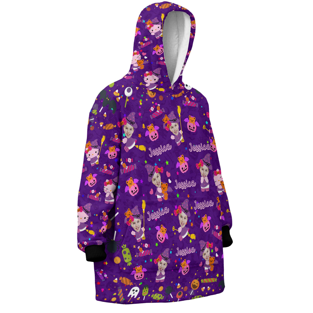 Personalized Face & Name Halloween Hello Kittie Snug Oversized Wearable Hoodie Blanket