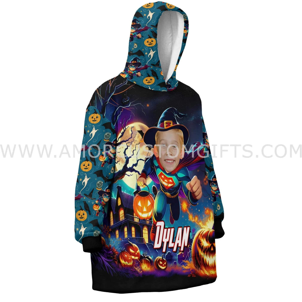 Personalized Face & Name Halloween Super Boy Pumpkin Snug Oversized Wearable Hoodie Blanket