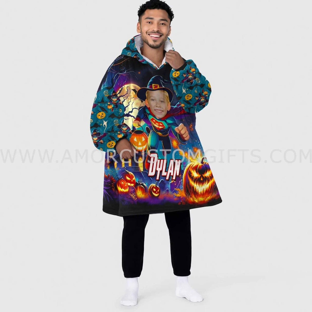 Personalized Face & Name Halloween Super Boy Pumpkin Snug Oversized Wearable Hoodie Blanket