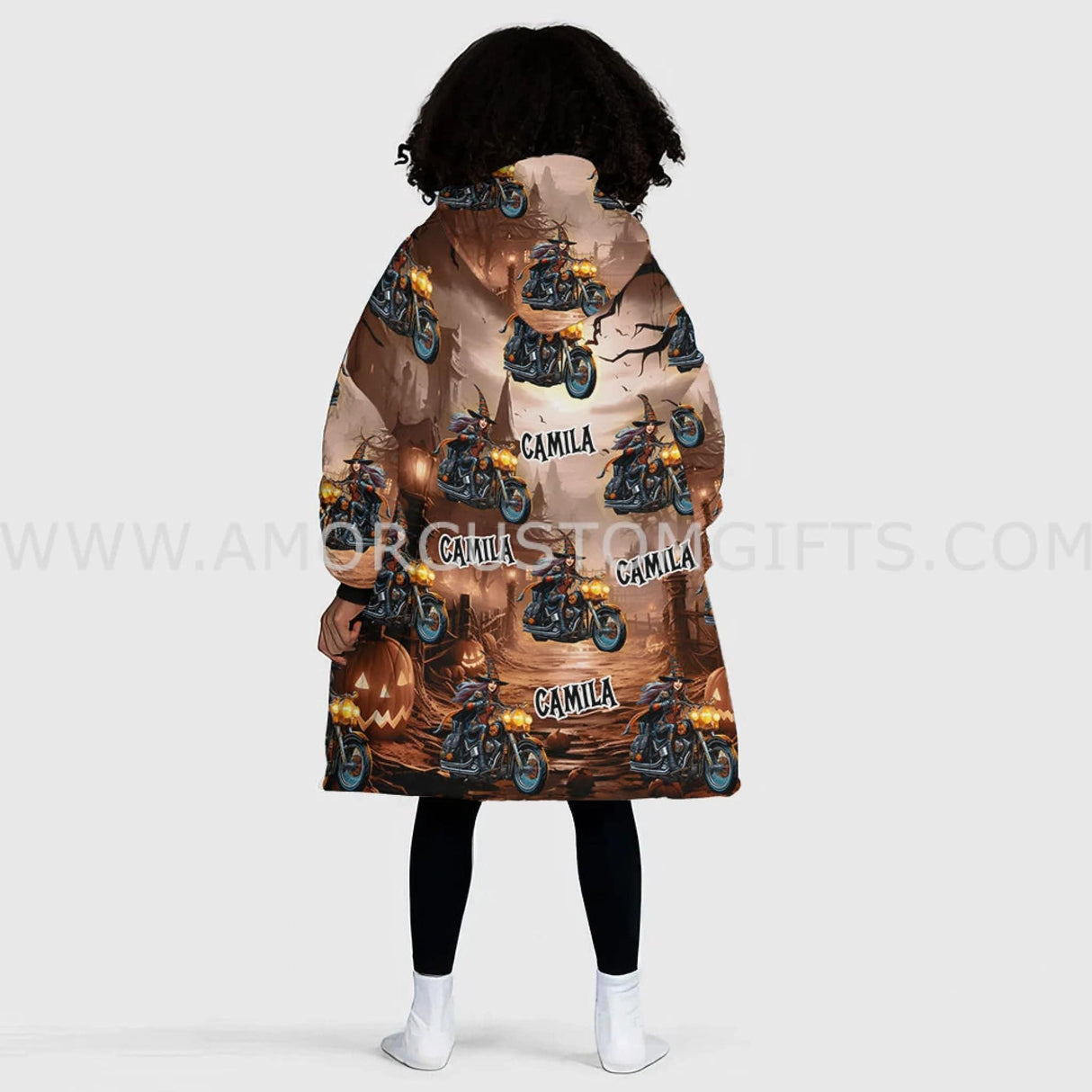 Personalized Face & Name Harley Davidson Biker Girl Halloween Snug Oversized Wearable Hoodie Blanket