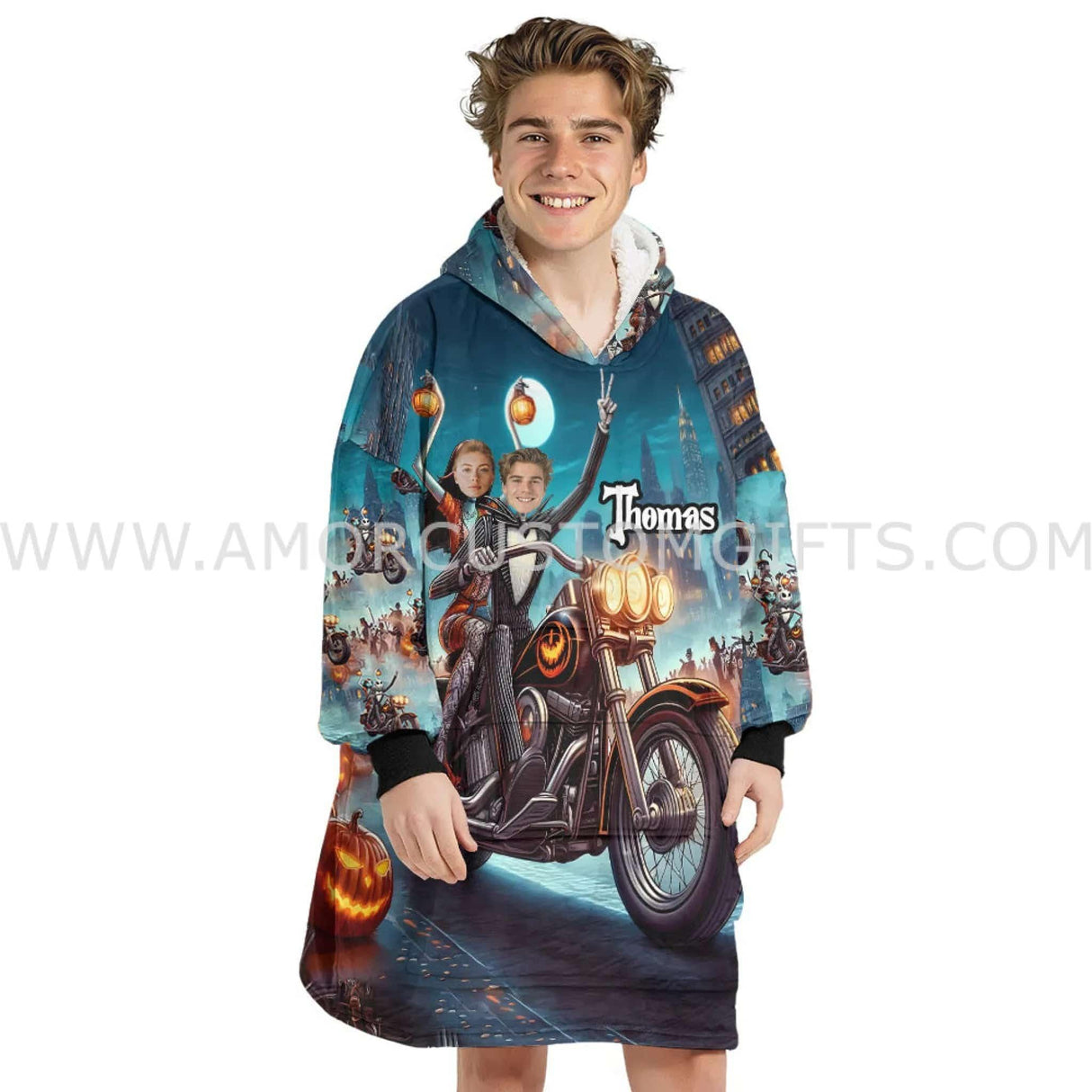 Personalized Face & Name Harley Davidson Jack Sally Couple Halloween Snug Oversized Wearable Hoodie Blanket