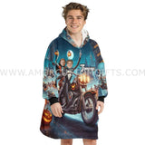 Personalized Face & Name Harley Davidson Jack Sally Couple Halloween Snug Oversized Wearable Hoodie Blanket