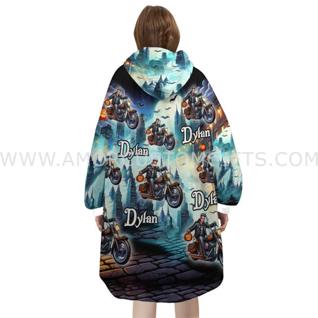 Personalized Face & Name Harley Motor Biker Boy Halloween Snug Oversized Wearable Hoodie Blanket