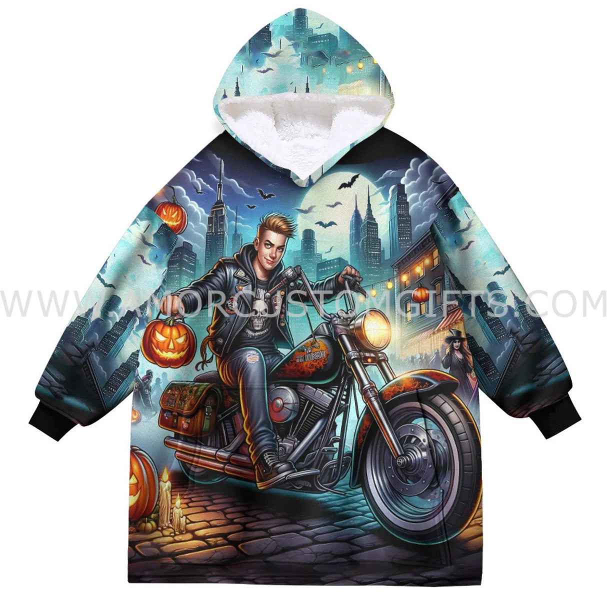 Personalized Face & Name Harley Motor Biker Boy Halloween Snug Oversized Wearable Hoodie Blanket