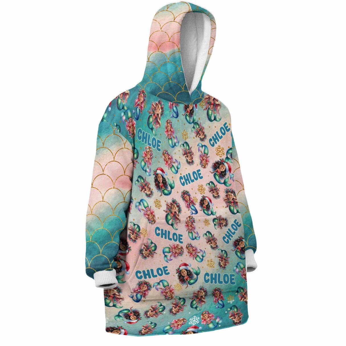 Personalized Face & Name Mint Christmas Mermaid Snug Oversized Wearable Hoodie Blanket