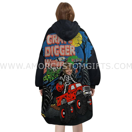 Personalized Face & Name Monster Truck Grave Digger Halloween Snug Oversized Wearable Hoodie Blanket