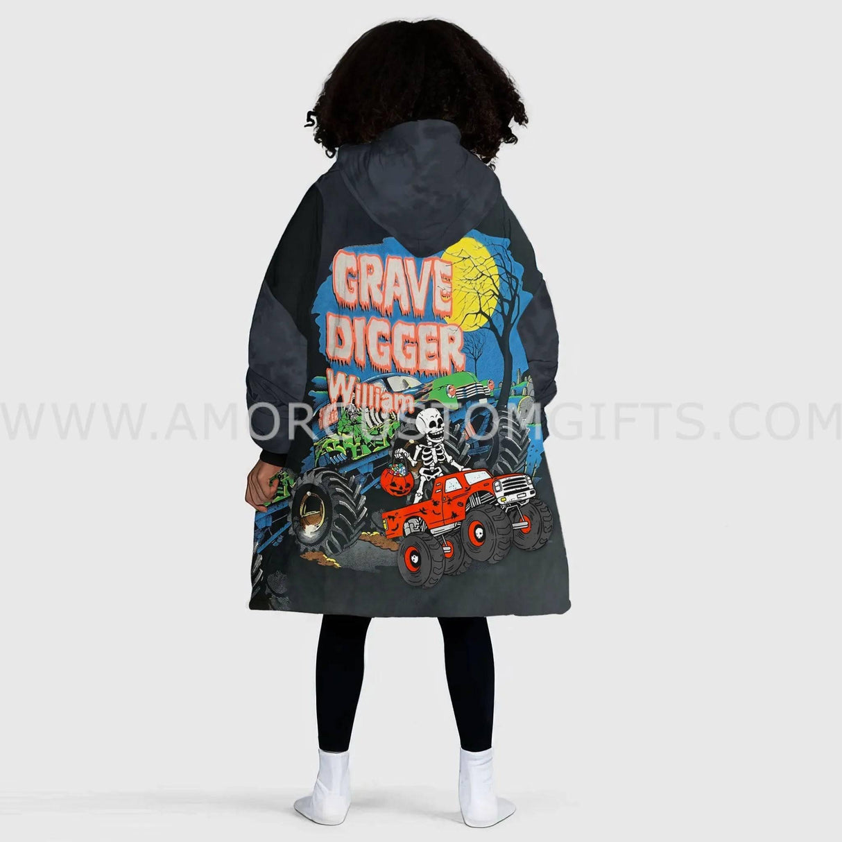 Personalized Face & Name Monster Truck Grave Digger Halloween Snug Oversized Wearable Hoodie Blanket