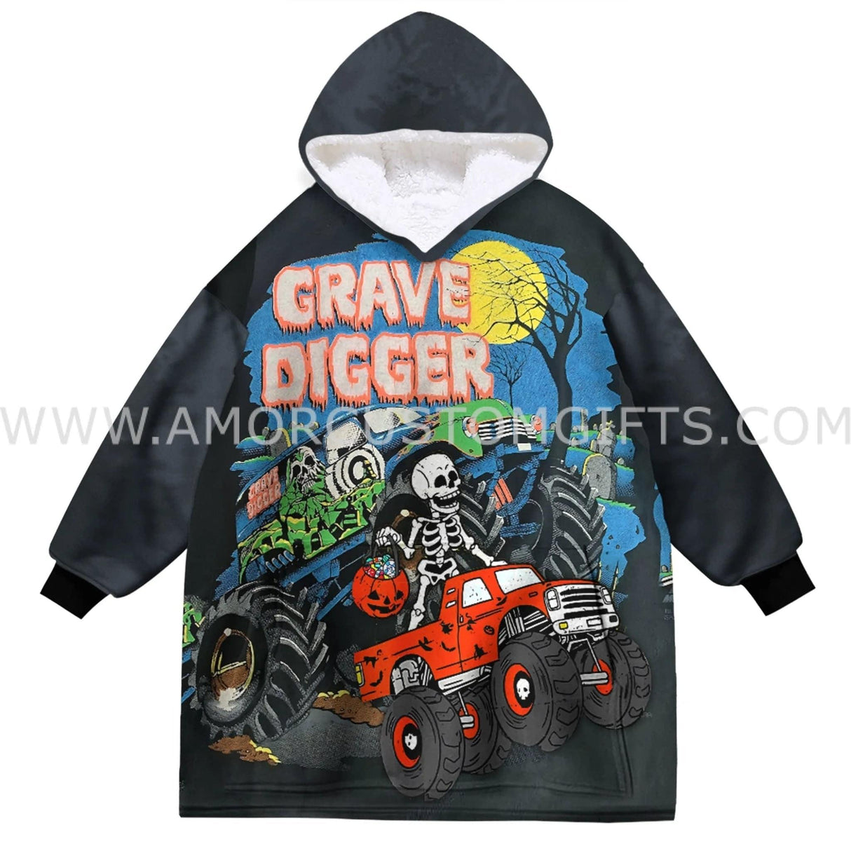 Personalized Face & Name Monster Truck Grave Digger Halloween Snug Oversized Wearable Hoodie Blanket