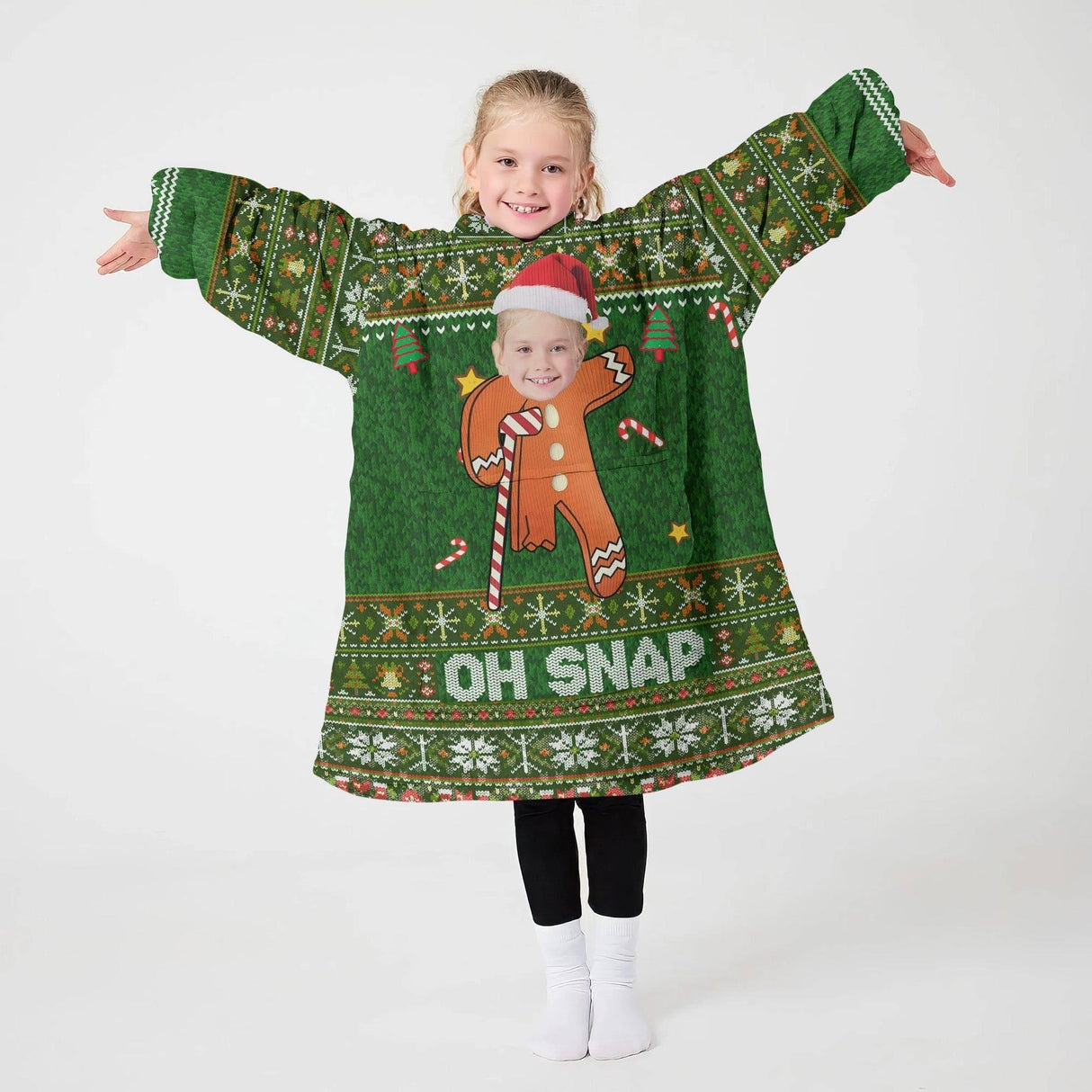 Personalized Face & Name Oh Snap Gingerbread Face Christmas Snug Oversized Wearable Hoodie Blanket