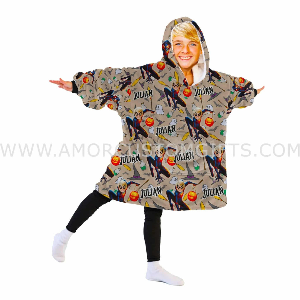 Personalized Face & Name Spider Boy Halloween Snug Oversized Wearable Hoodie Blanket