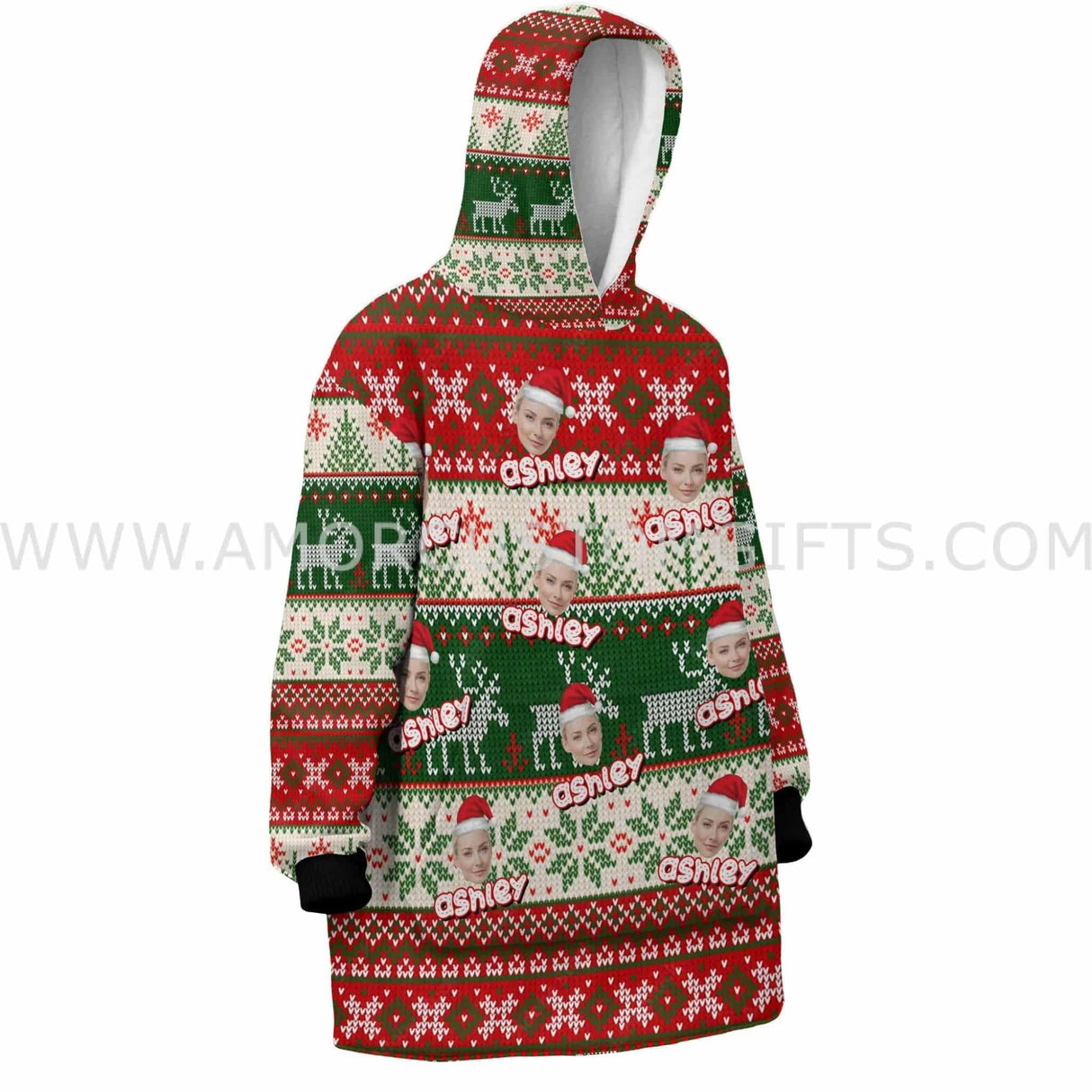 Personalized Face & Name Ugly Sweaters Knit Patterns Xmas Snug Oversized Wearable Hoodie Blanket