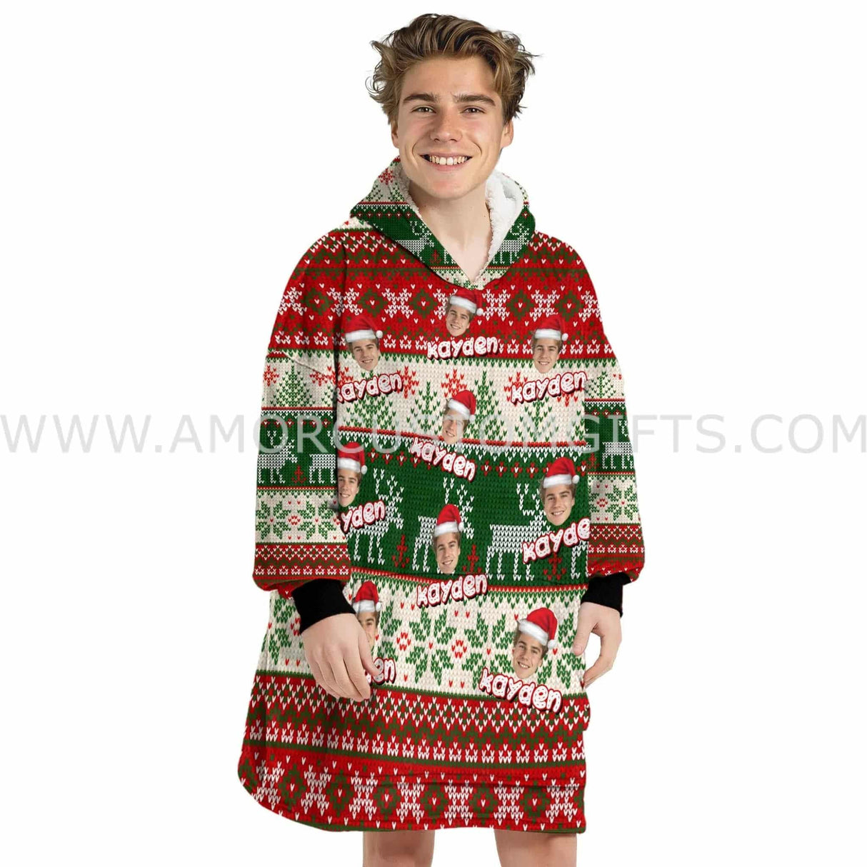 Personalized Face & Name Ugly Sweaters Knit Patterns Xmas Snug Oversized Wearable Hoodie Blanket