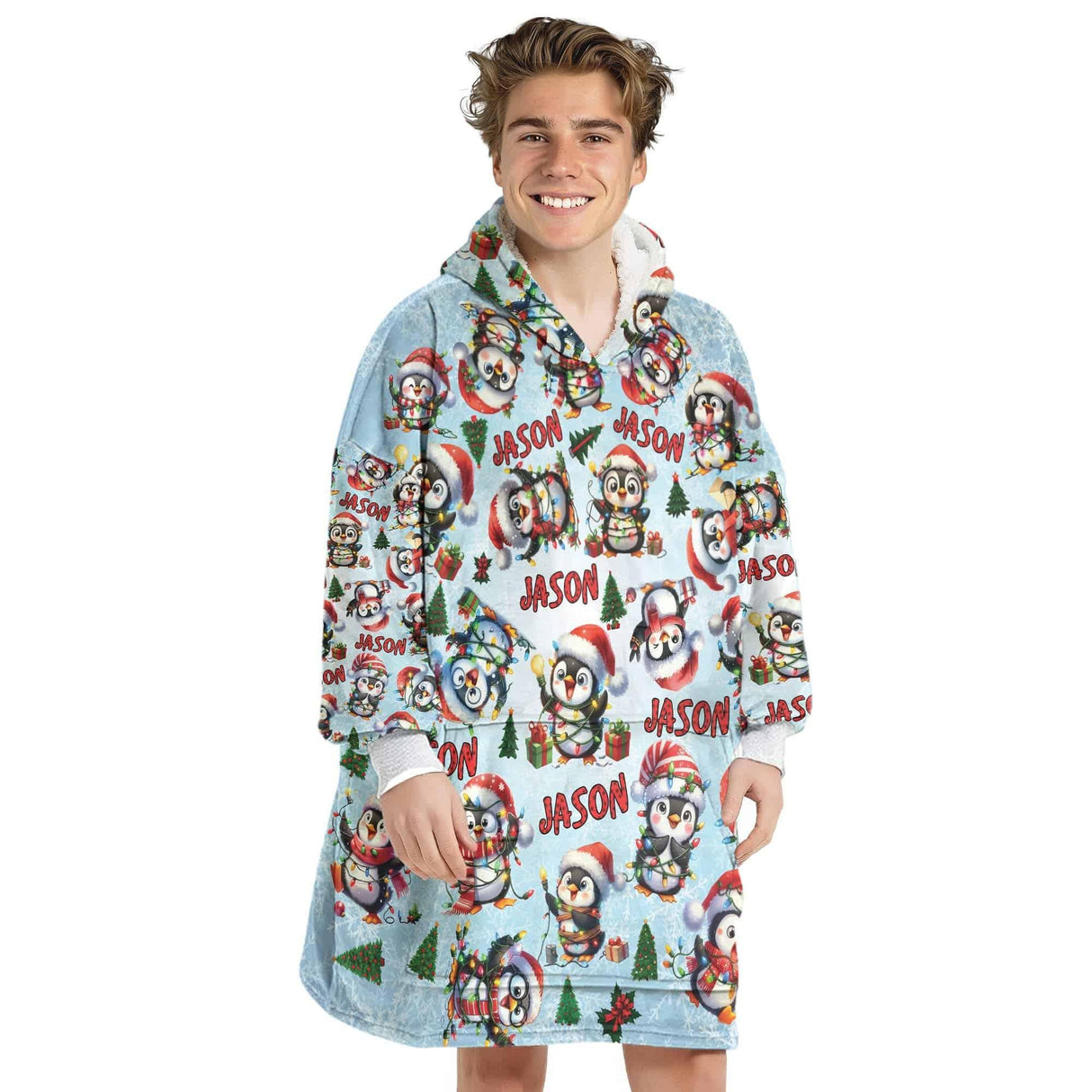 Personalized Funny Christmas Penguin Snug Oversized Wearable Hoodie Blanket