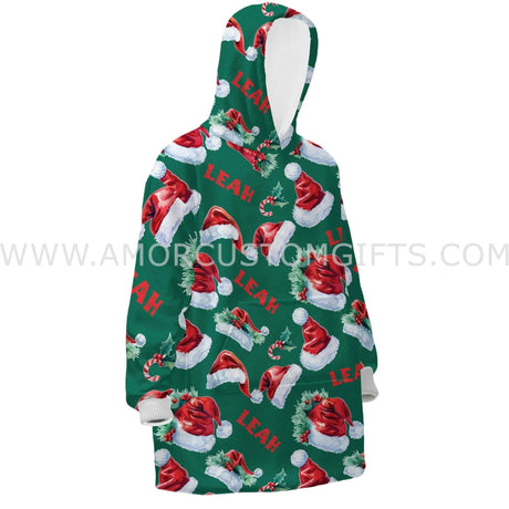 Personalized Green Santa Claus Hats Snug Oversized Wearable Hoodie Blanket