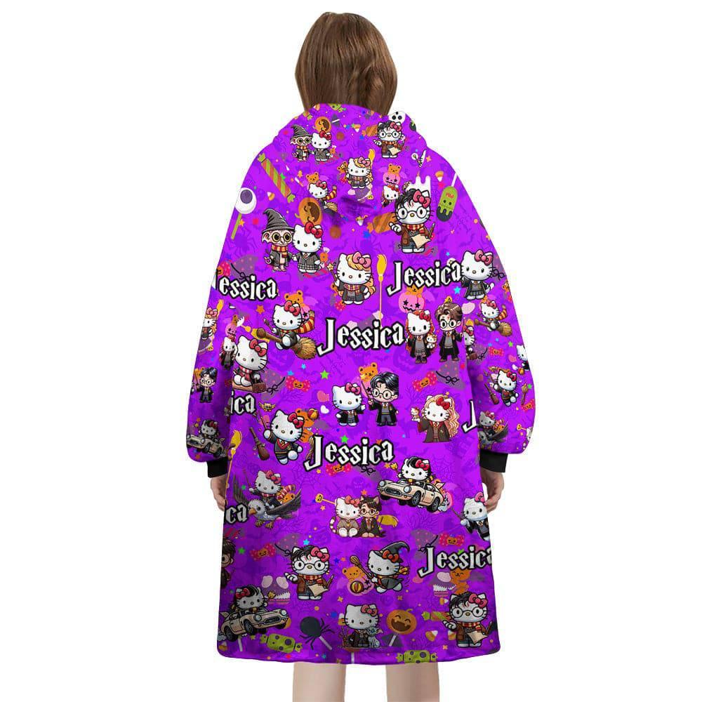 Personalized Halloween Hello Cartoon Cat Kittie Snug Oversized Wearable Hoodie Blanket