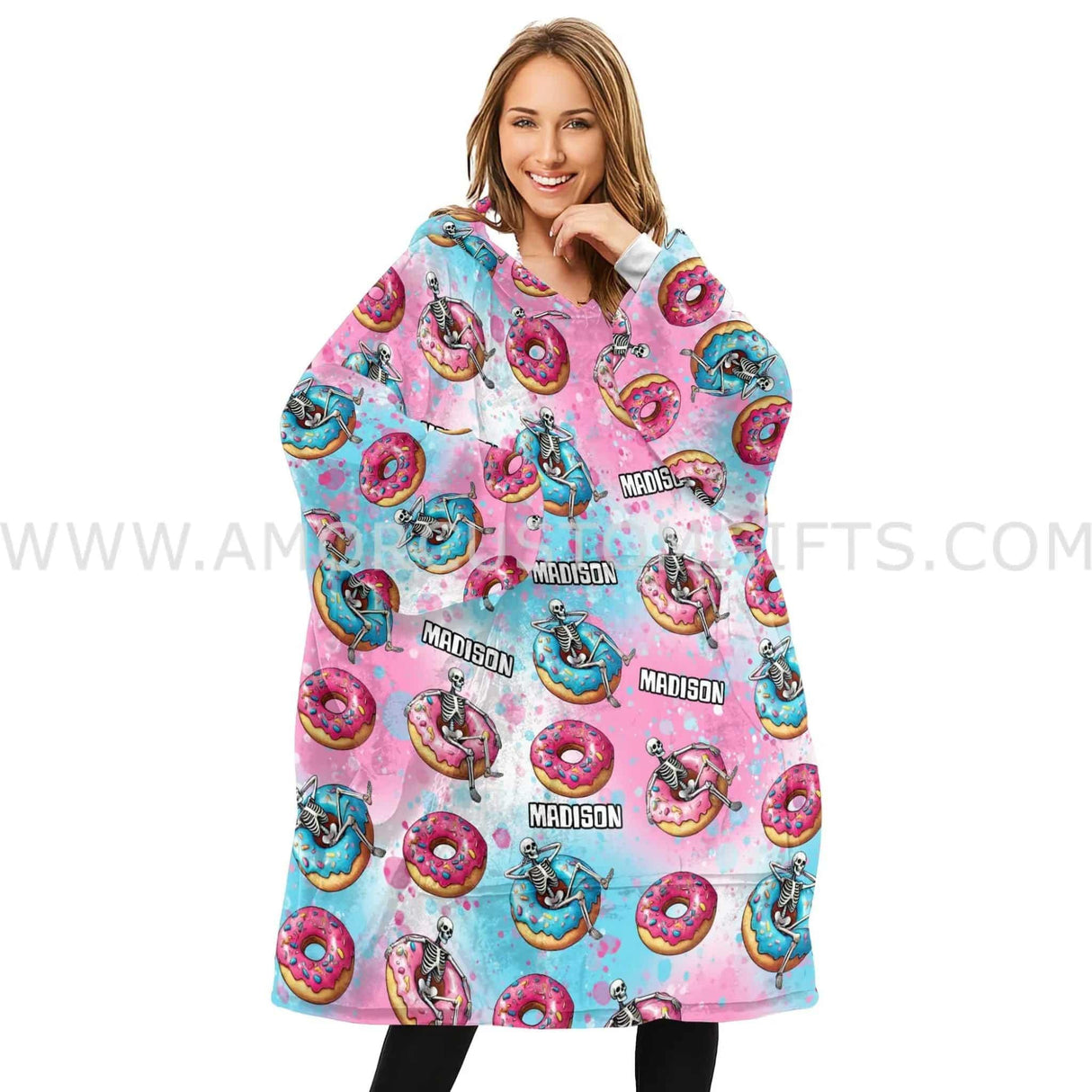 Personalized Just Chillin Sarcastic Skeleton Donut Disturb Halloween Snug Oversized Wearable Hoodie Blanket