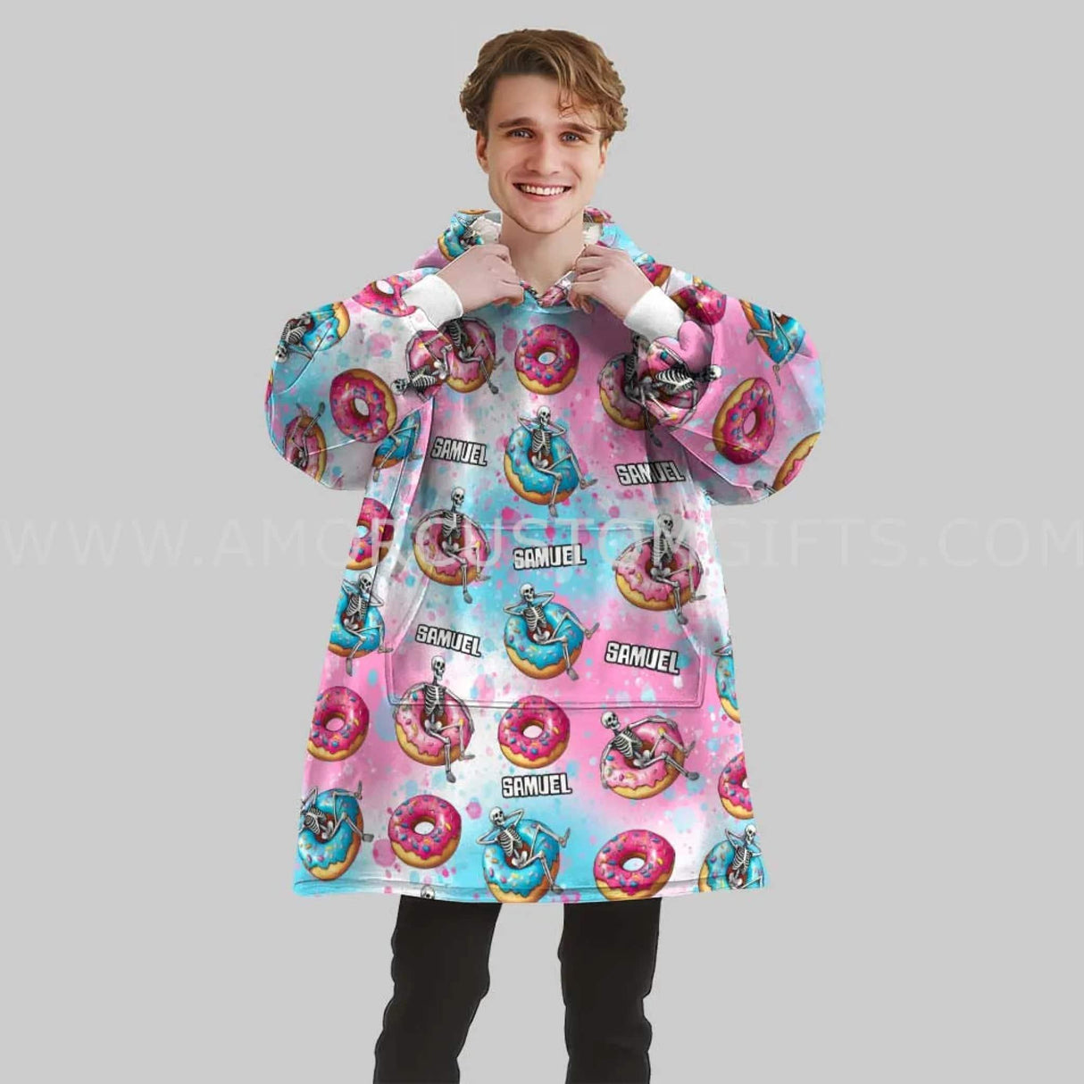 Personalized Just Chillin Sarcastic Skeleton Donut Disturb Halloween Snug Oversized Wearable Hoodie Blanket