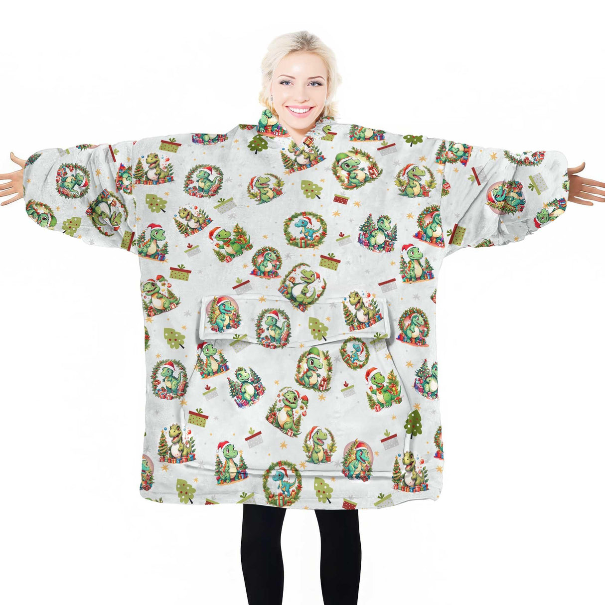 Personalized Mint Christmas Dinosaur Snug Oversized Wearable Hoodie Blanket