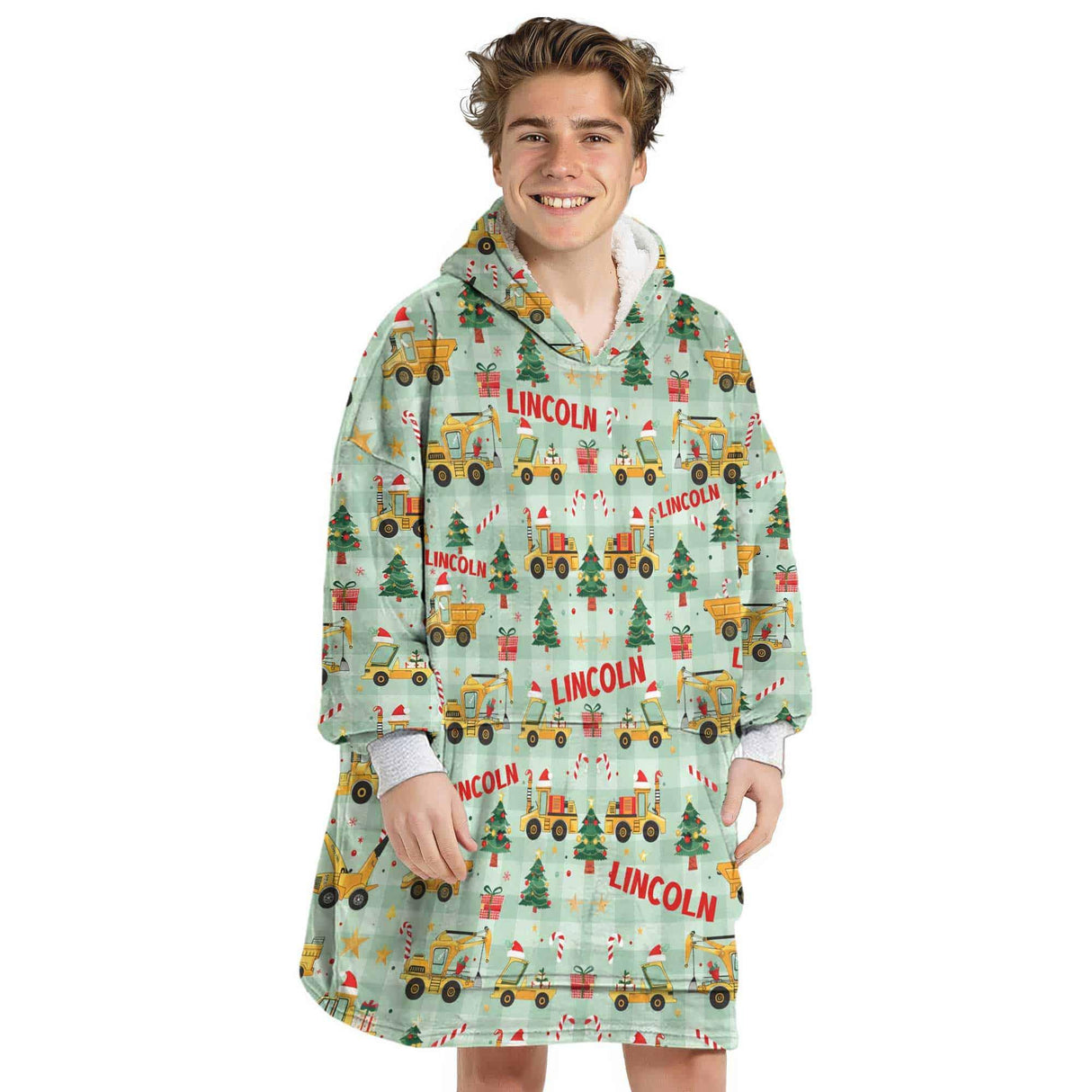 Personalized Mint Christmas Truck Xmas Excavator Snug Oversized Wearable Hoodie Blanket