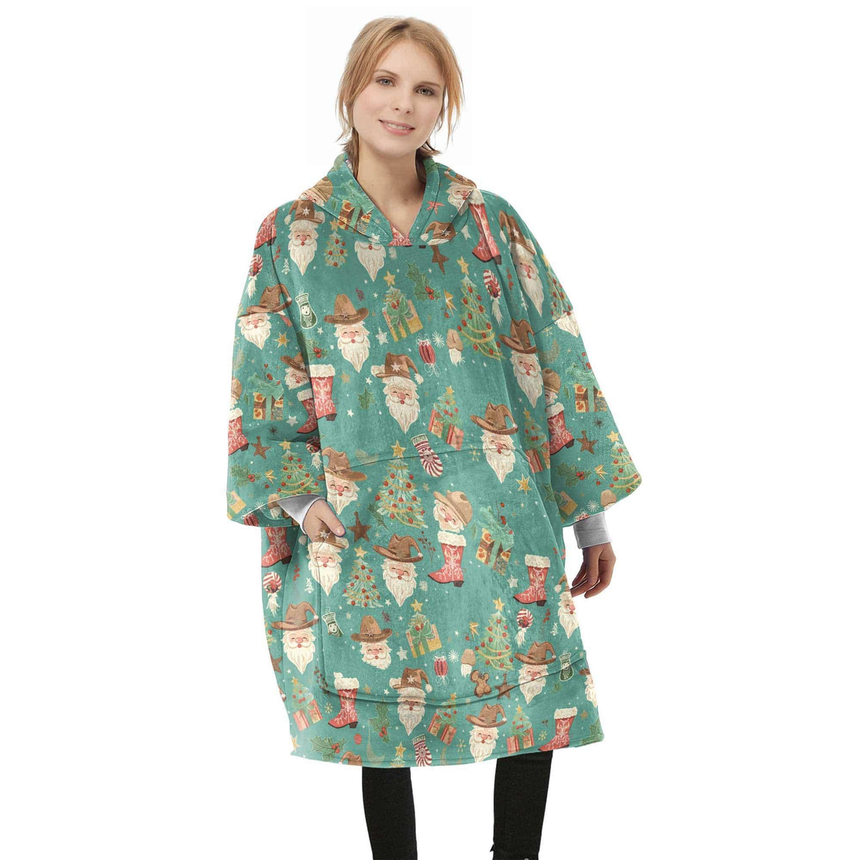 Personalized Mint Western Christmas Cowboy Snug Oversized Wearable Hoodie Blanket