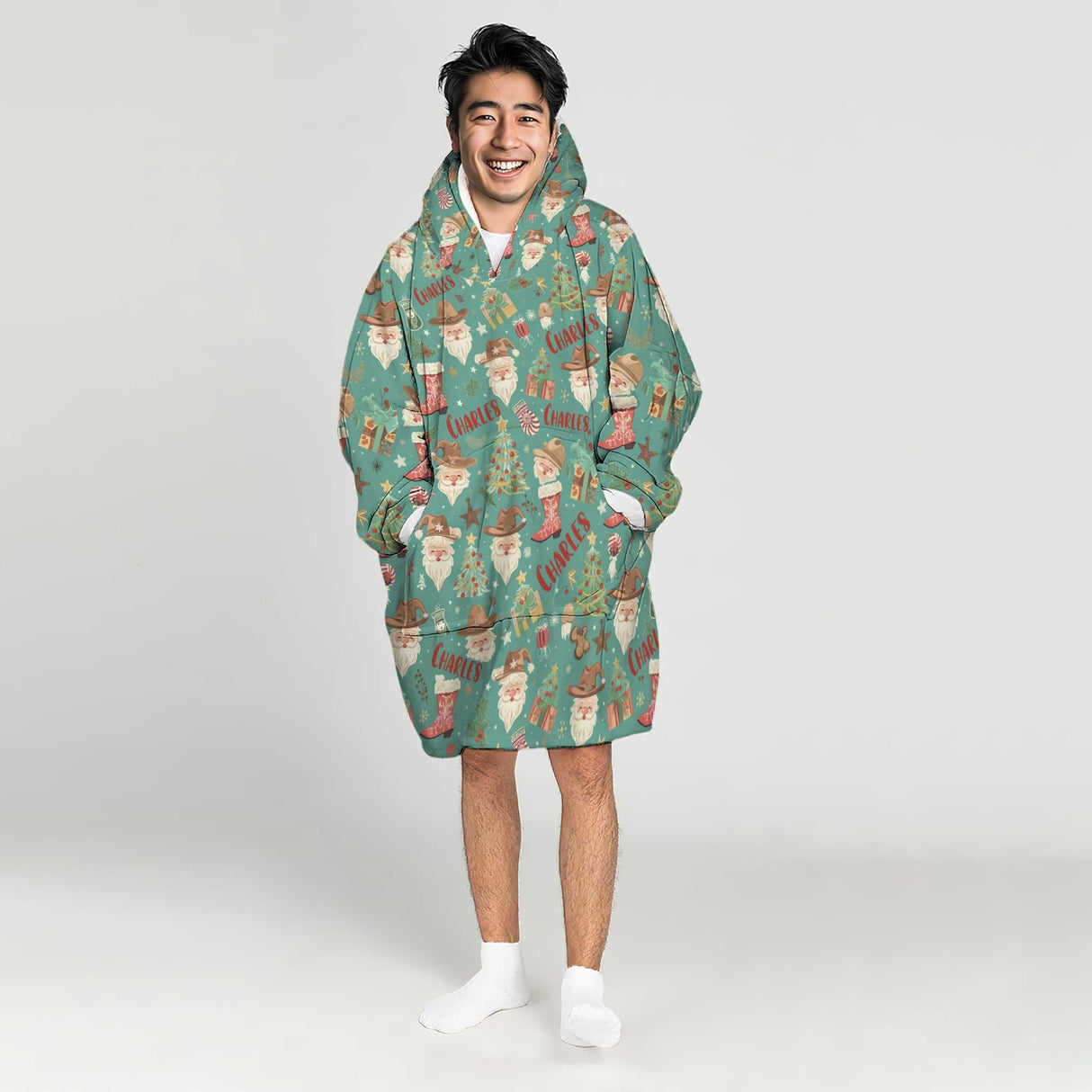 Personalized Mint Western Christmas Cowboy Snug Oversized Wearable Hoodie Blanket