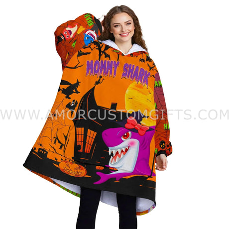 Personalized Mommy Shark Halloween Boo Boo Boo Snug Oversized Wearable Hoodie Blanket