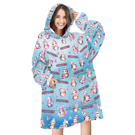 Personalized Penguin Christmas Snug Oversized Wearable Hoodie Blanket