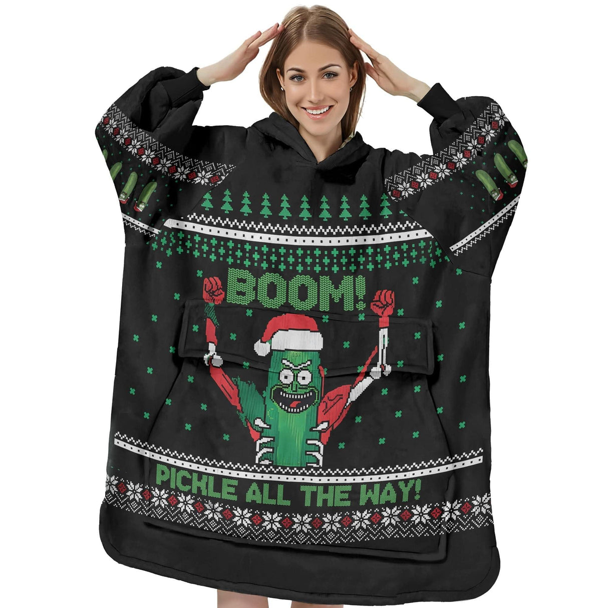 Personalized PickleRick Christmas Snug Oversized Wearable Hoodie Blanket