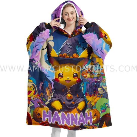 Personalized Pikachu Halloween Snug Oversized Wearable Hoodie Blanket