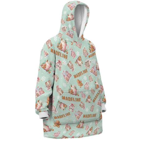 Personalized Pink Christmas Gingerbread House Snug Oversized Wearable Hoodie Blanket