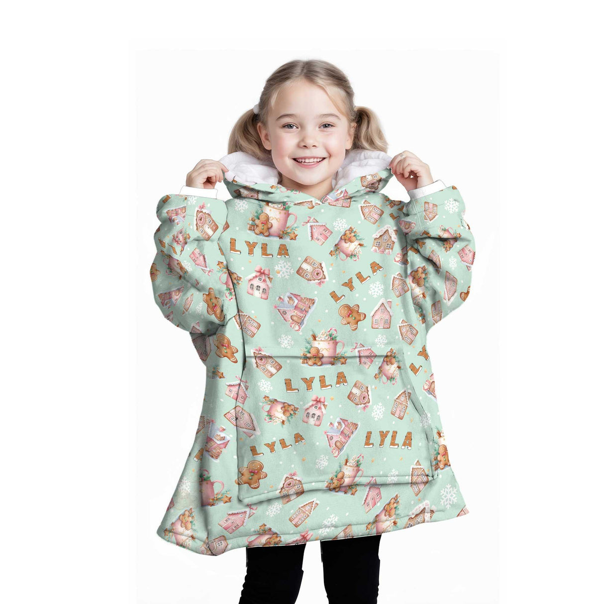 Personalized Pink Christmas Gingerbread House Snug Oversized Wearable Hoodie Blanket