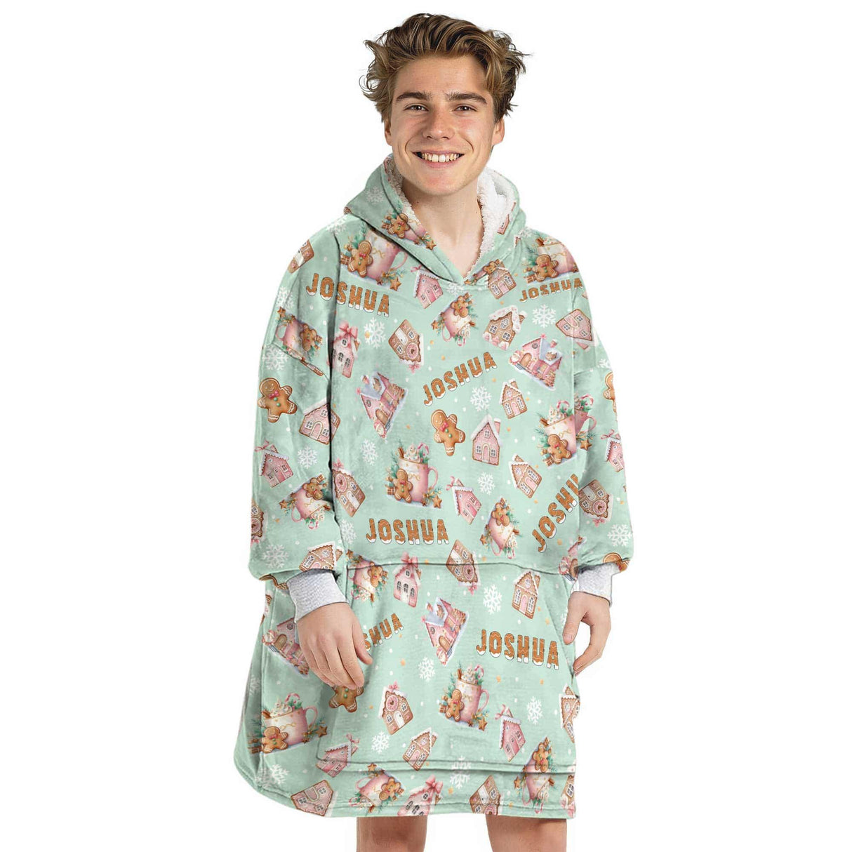 Personalized Pink Christmas Gingerbread House Snug Oversized Wearable Hoodie Blanket