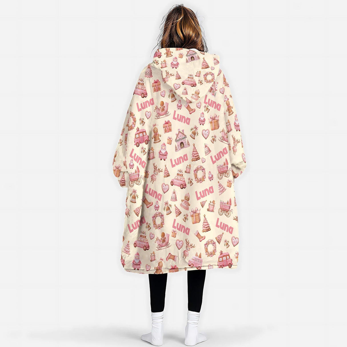 Personalized Pink Christmas Gingerbread Snug Oversized Wearable Hoodie Blanket