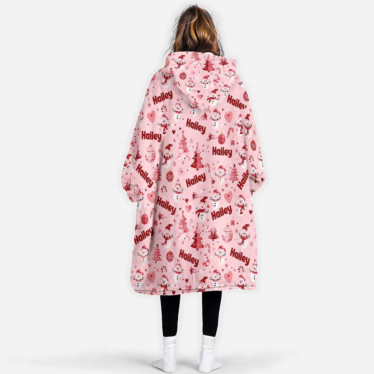 Personalized Pink Christmas Snug Oversized Wearable Hoodie Blanket