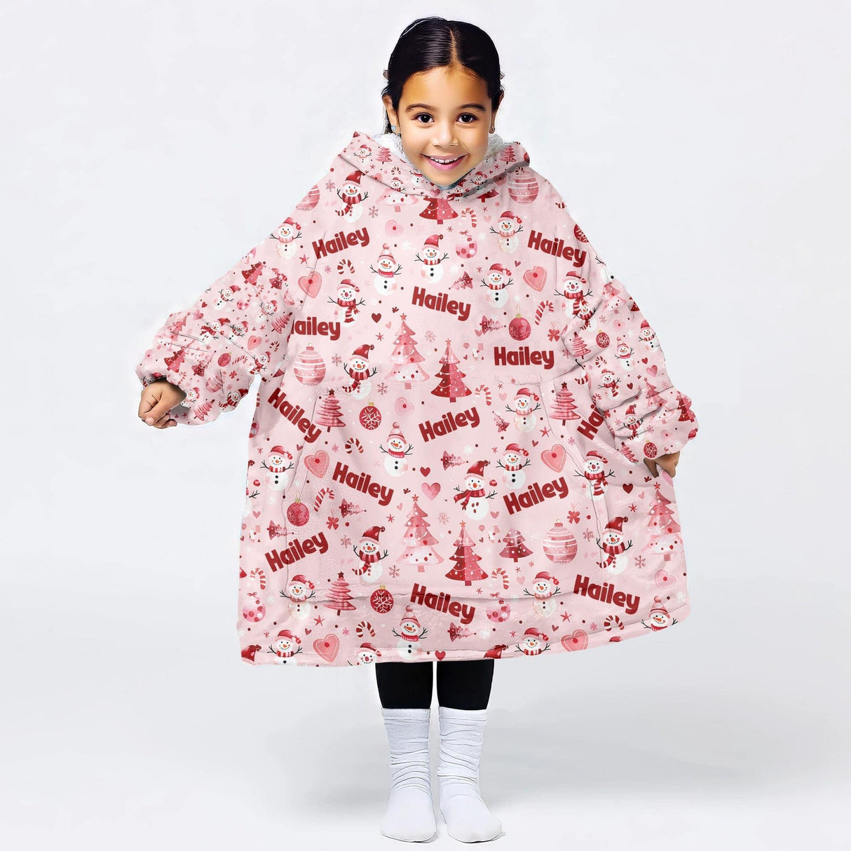 Personalized Pink Christmas Snug Oversized Wearable Hoodie Blanket