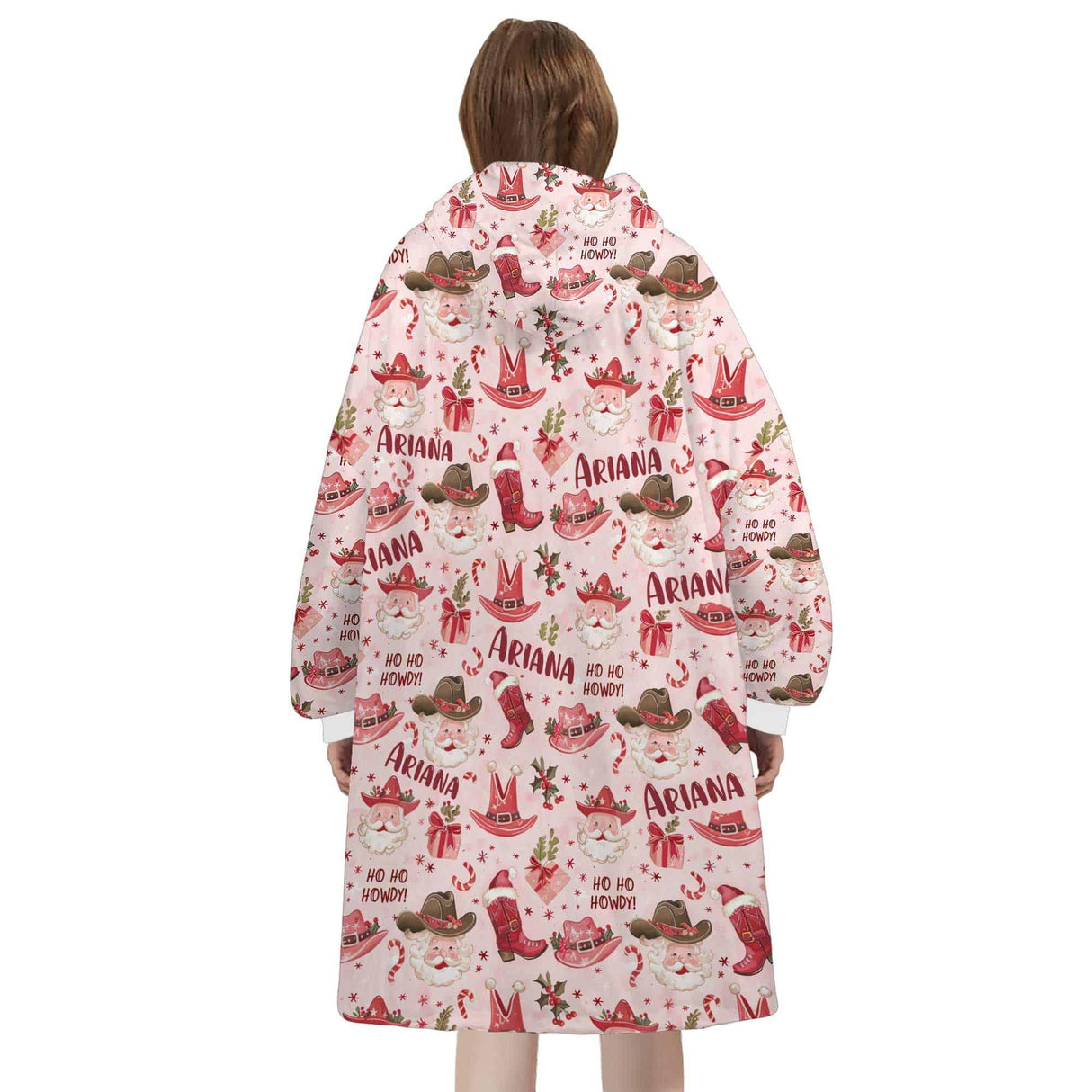 Personalized Pink Western Christmas Cowboy Snug Oversized Wearable Hoodie Blanket