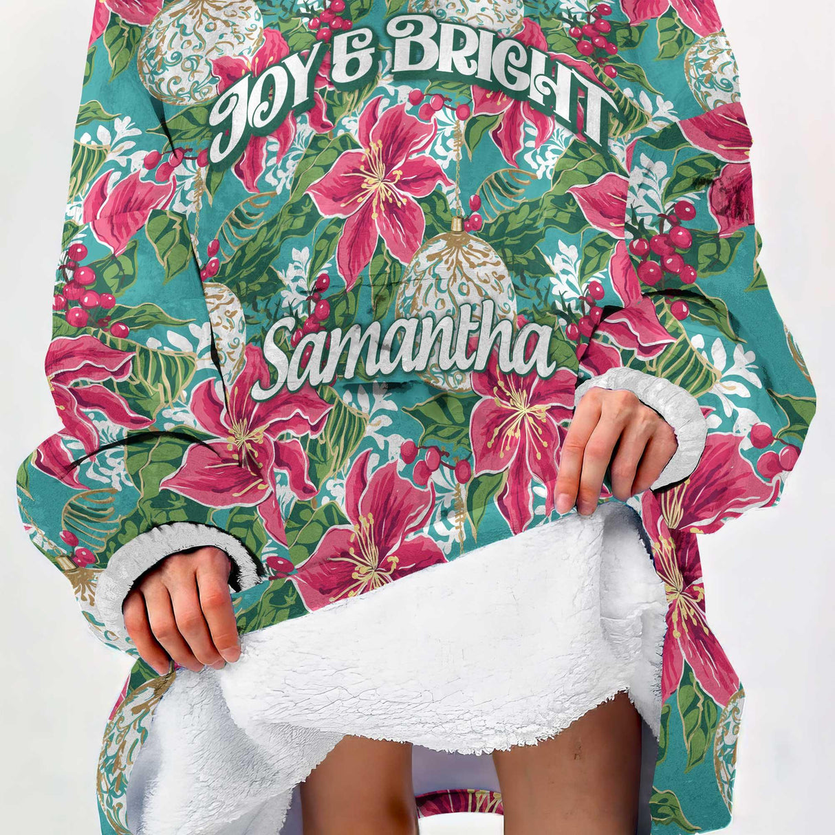 Personalized Preppy Christmas Poinsettia Green Pink Snug Oversized Wearable Hoodie Blanket