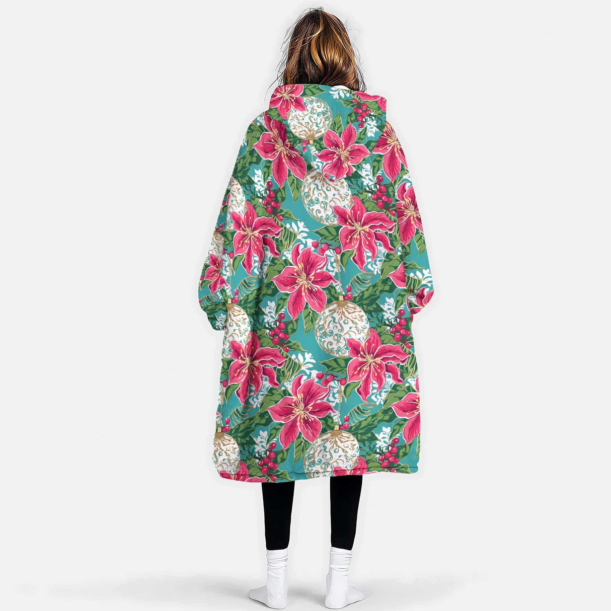 Personalized Preppy Christmas Poinsettia Green Pink Snug Oversized Wearable Hoodie Blanket