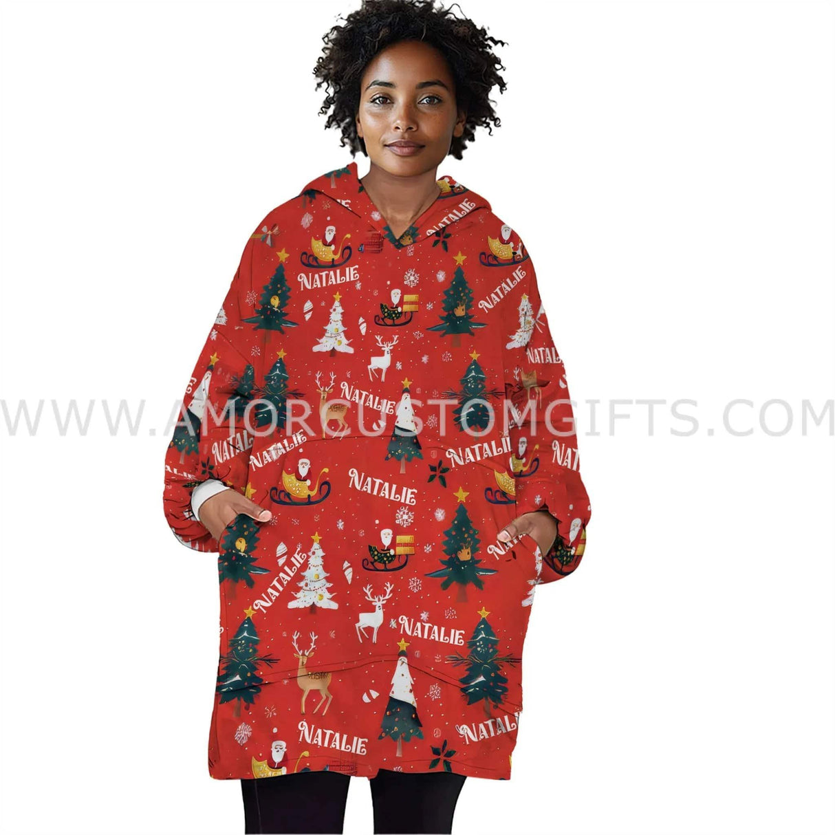 Personalized Red Christmas Pattern Snug Oversized Wearable Hoodie Blanket