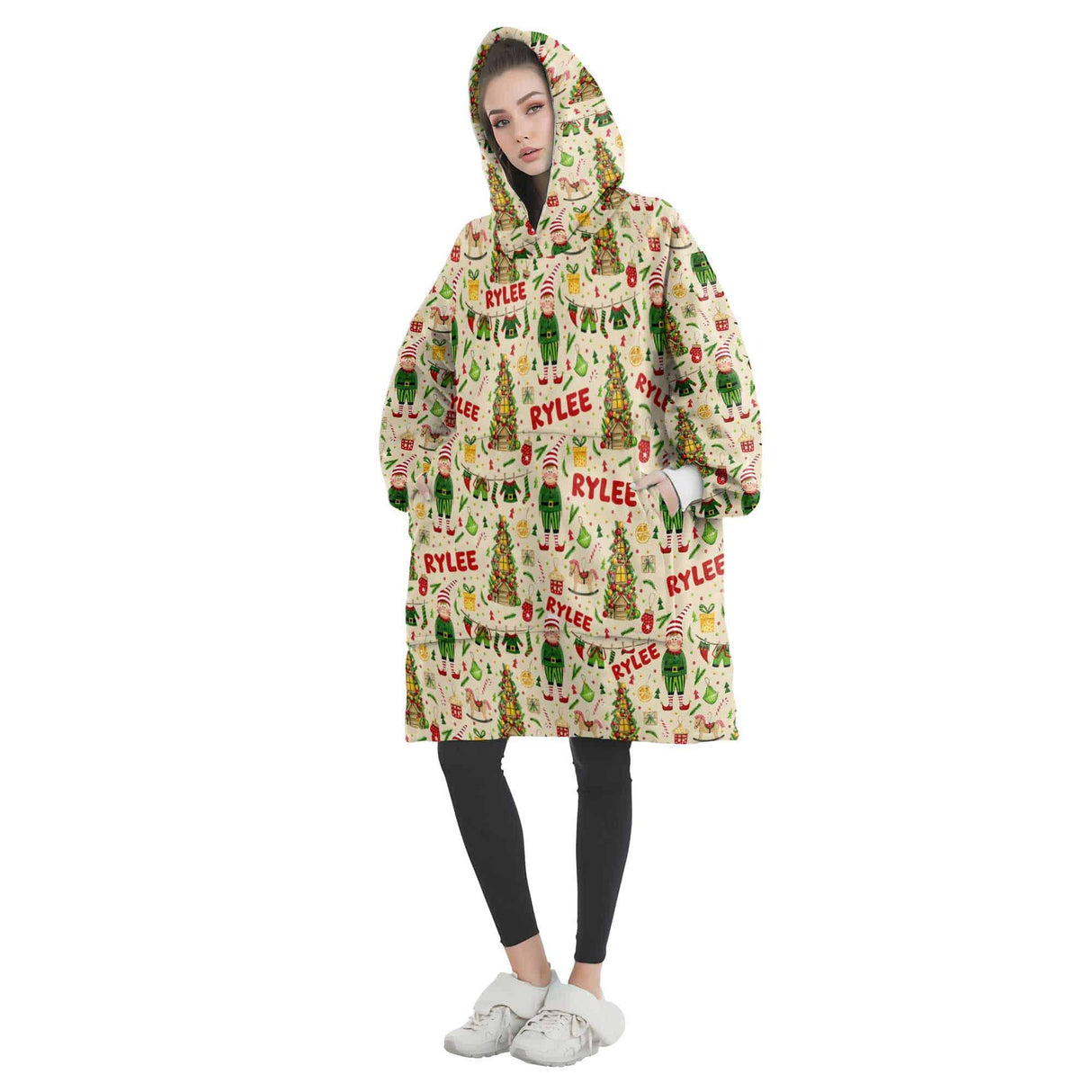 Personalized Retro Christmas Elves Snug Oversized Wearable Hoodie Blanket