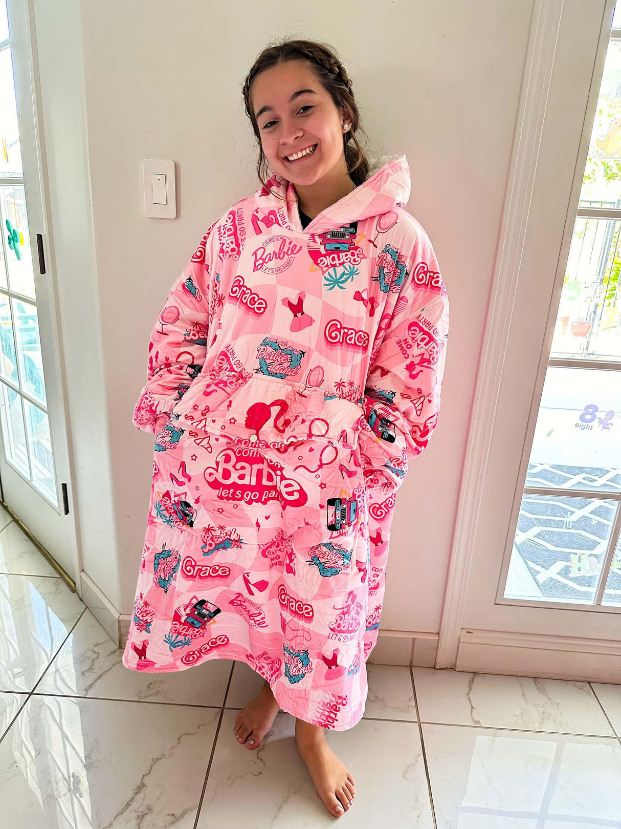 Personalized Retro Doll Pink Doll Checkers Snug Oversized Wearable Hoodie Blanket