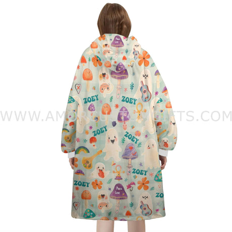 Personalized Retro Music Ghost Mushrooms Snug Oversized Wearable Hoodie Blanket