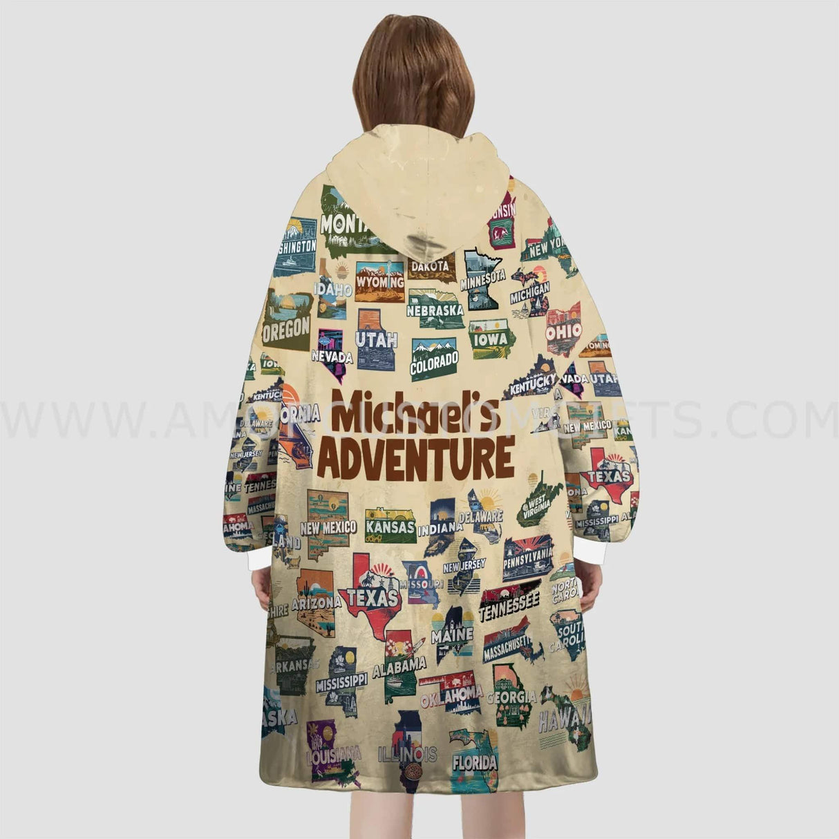 Personalized Retro Travel Iconic U.S. States Snug Oversized Wearable Hoodie Blanket