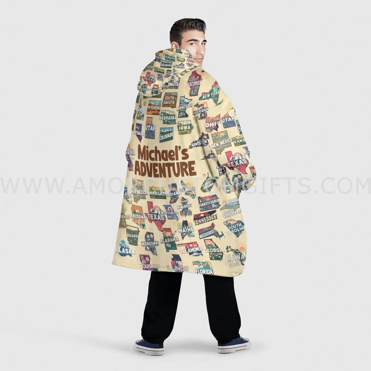 Personalized Retro Travel Iconic U.S. States Snug Oversized Wearable Hoodie Blanket