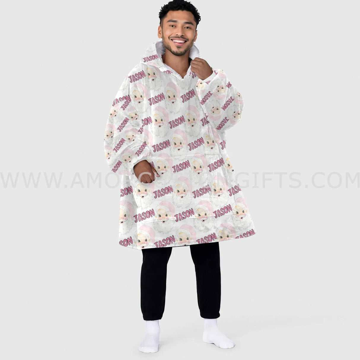 Personalized Santa Seamless Pattern Snug Oversized Wearable Hoodie Blanket