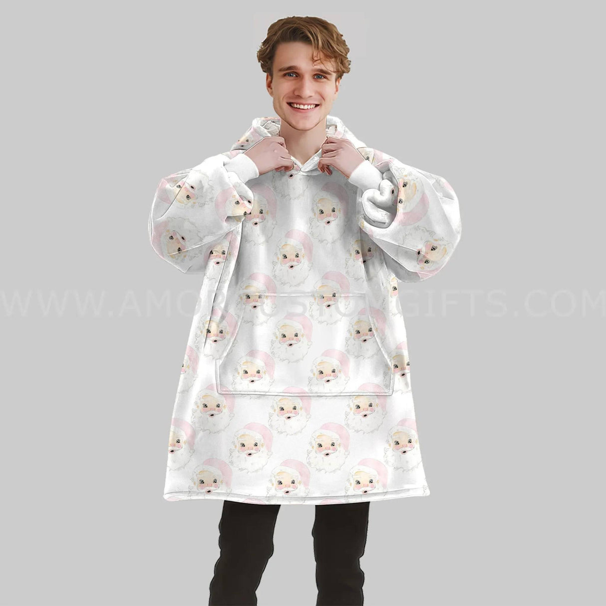 Personalized Santa Seamless Pattern Snug Oversized Wearable Hoodie Blanket