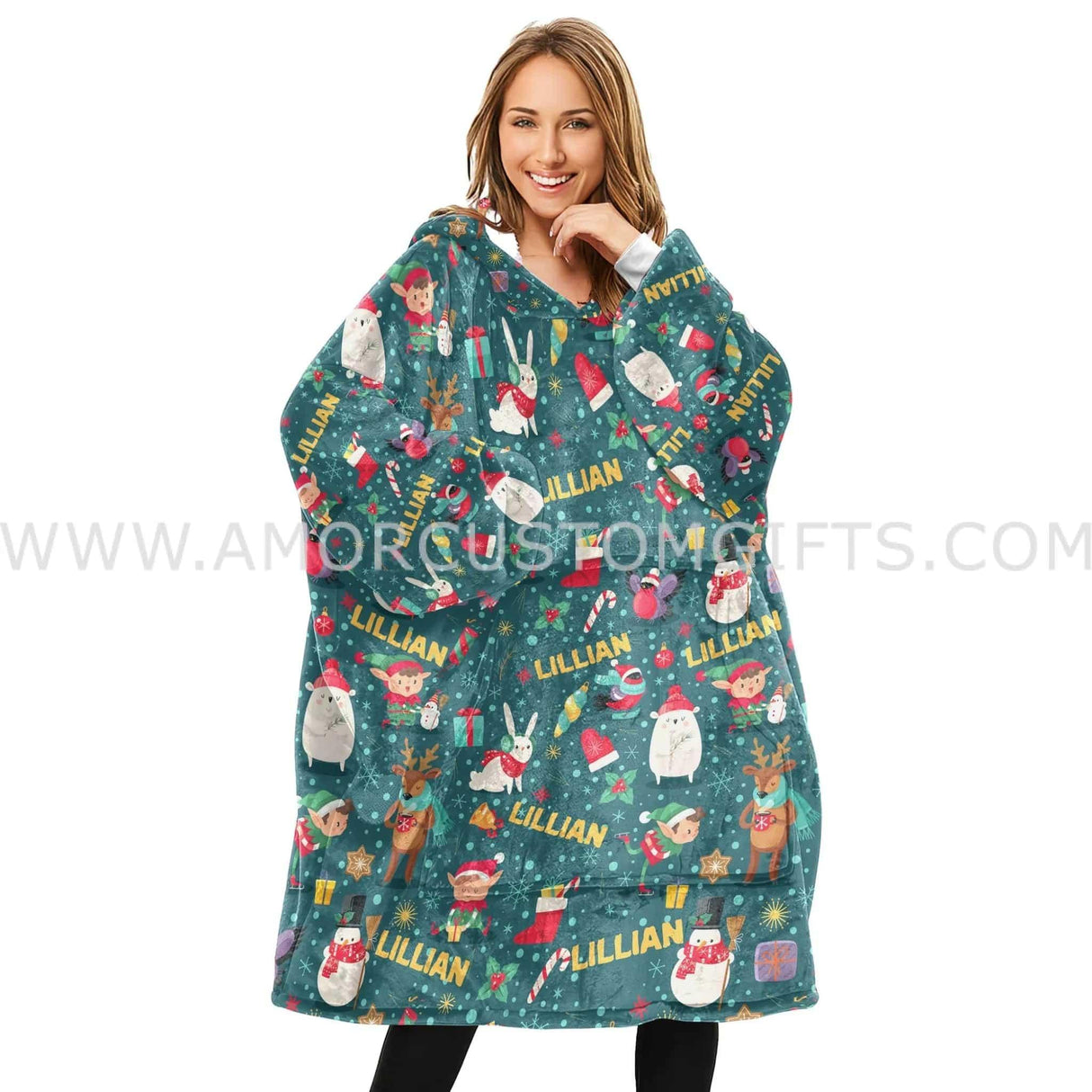 Personalized Santa With Animal Snug Oversized Wearable Hoodie Blanket